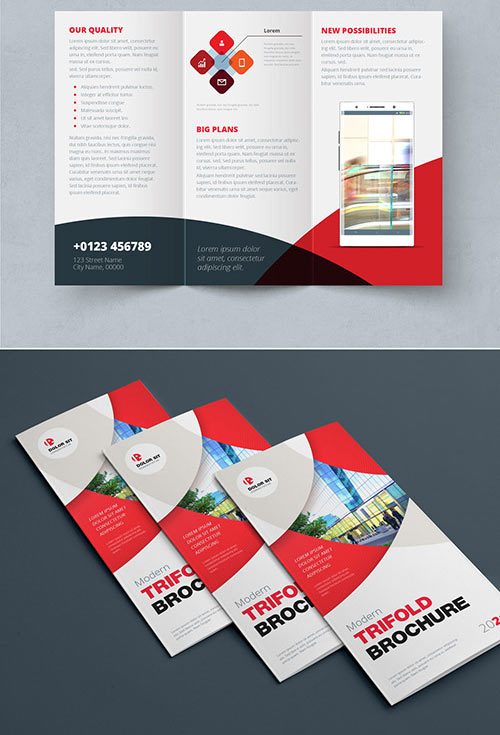 Red Trifold Brochure Layout with Circles