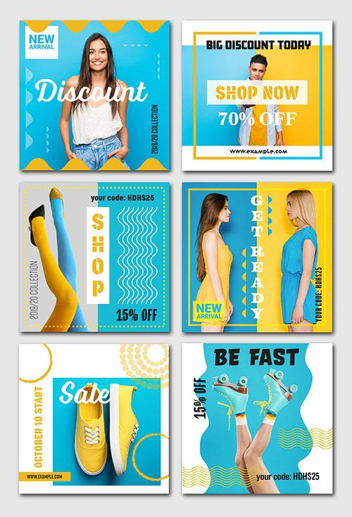 6 Social Media Banner Layouts with Blue and Yellow Accents