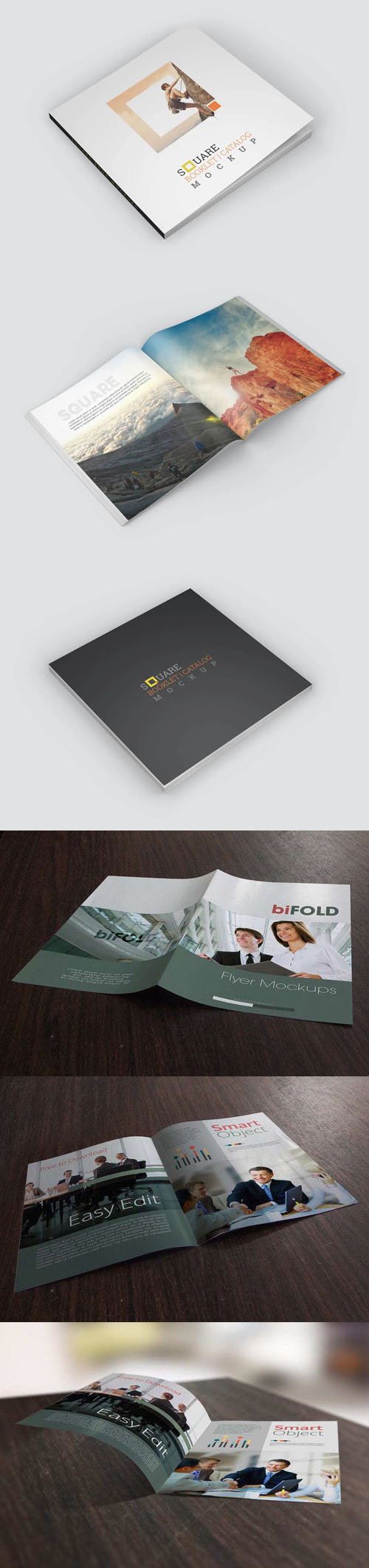 Square Book + Bifold Flyer PSD Mockups Templates