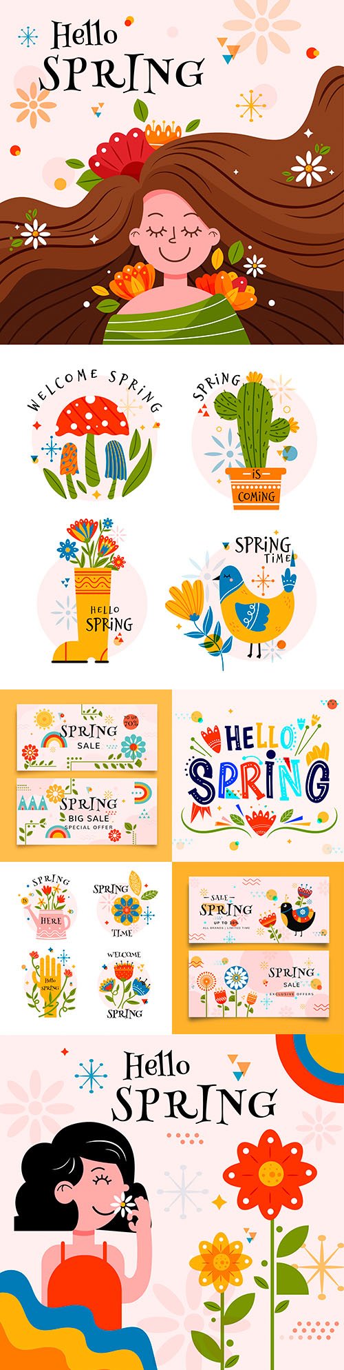 Hello spring colorful flat sales banners and emblems
