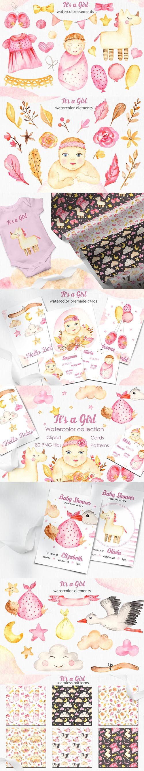 It’s a girl watercolor clipart, cards, patterns