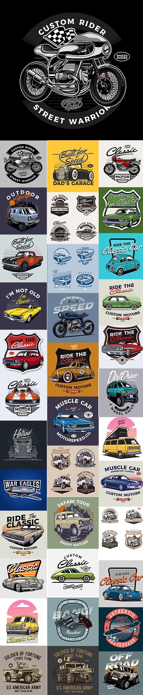 Classic Car and Moto Badge and Illustration Vector