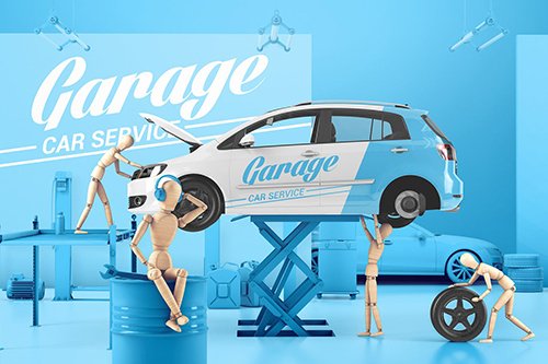 Car Service With Wooden Men Mockup