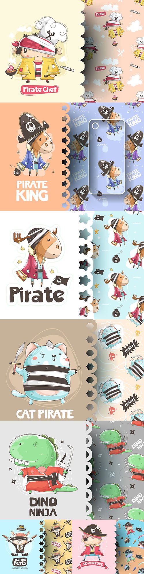Cute characters in pirate suit design t-shirt