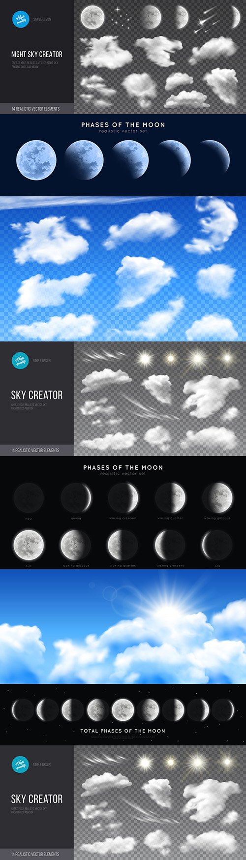 Phase’s moon and clouds with sun realistic set illustrations