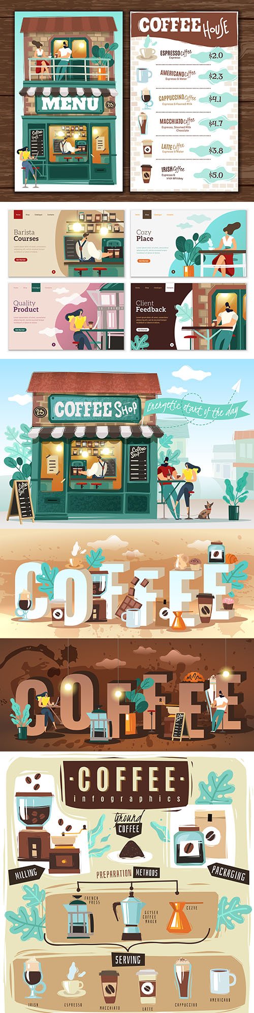 Coffee shop and bar menu illustration banners