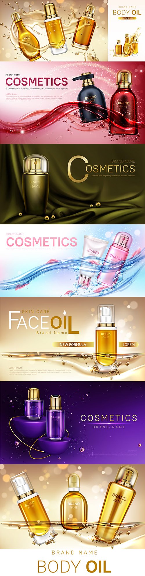 Body oil and cosmetic product bottle layout banner