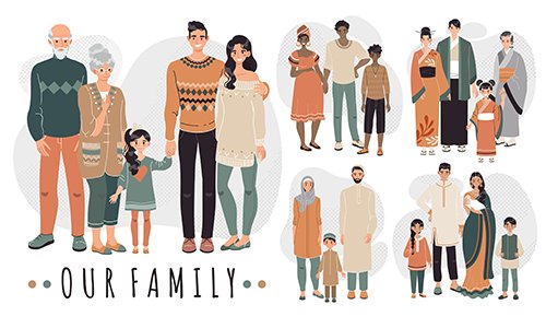 Families from Different Countries Cartoon Characters Illustration Set