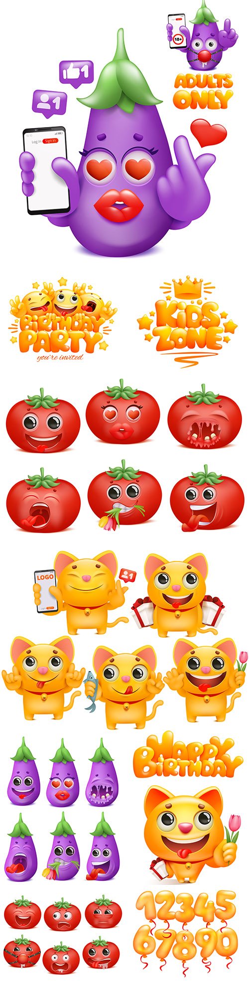 Smiley, tomato and eggplant emoji cartoon character