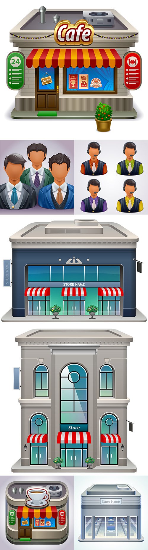 Store facades, coffee shop and user icons