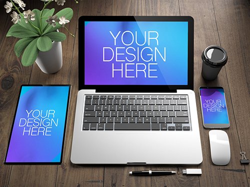 Top View of Devices on Wooden Desk Mockup