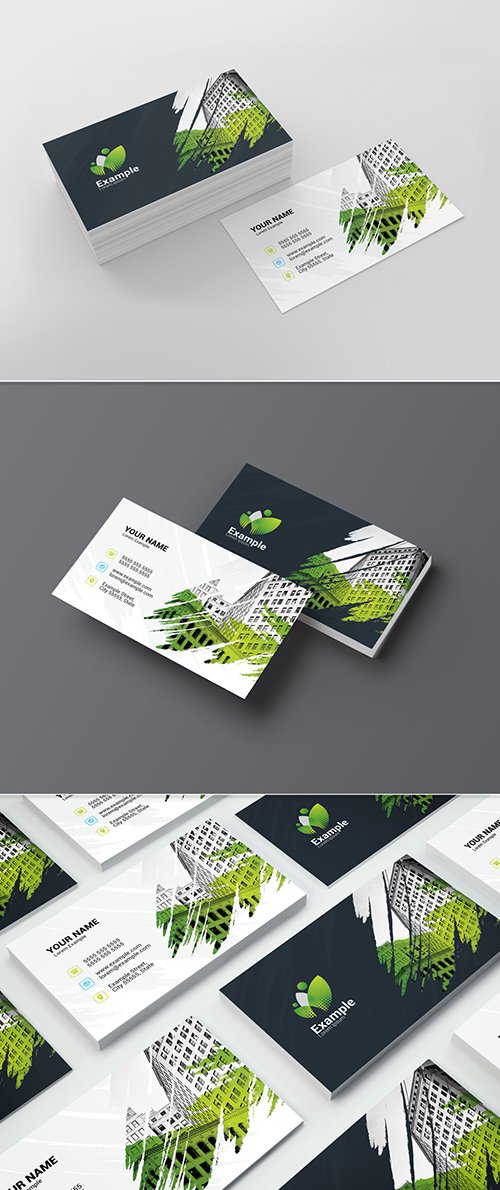 Business Card Layout with a Green Brushstroke Element