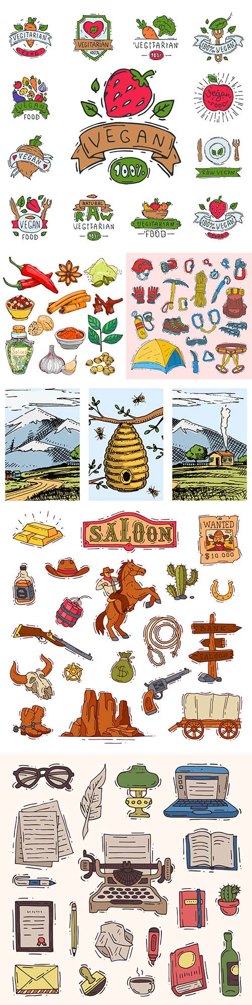 Climbing equipment, cowboy and spices set logo design