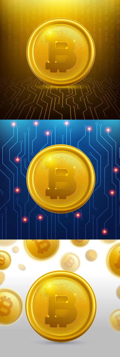 Golden Bitcoin Digital Currency Backgrounds Set
