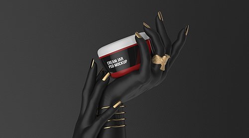 PSD Cosmetic jar whit closed cream on black hand 3d render mockup