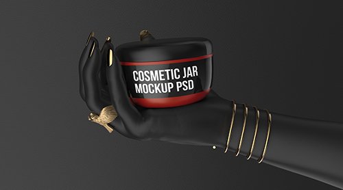 PSD Mockup of cosmetic cream jar on black hand 3d render