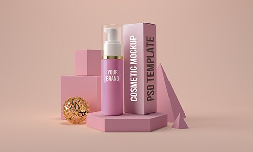 PSD Cosmetic bottle with dispenser and box mockup