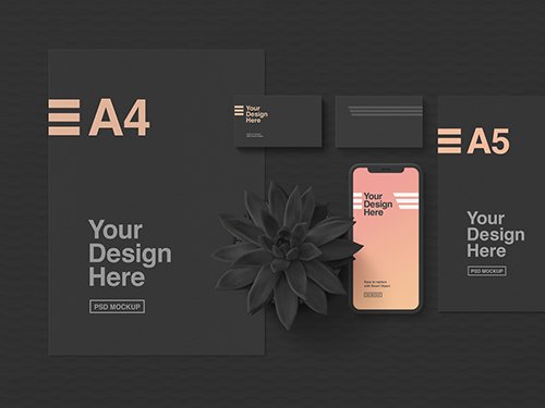 Dark Stationery and Smartphone Mockup