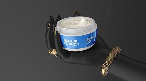 PSD Cosmetic jar white cream on black hand 3d render mockup