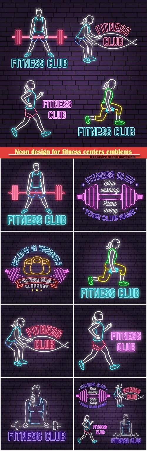 Neon design for fitness centers emblems, gym signs