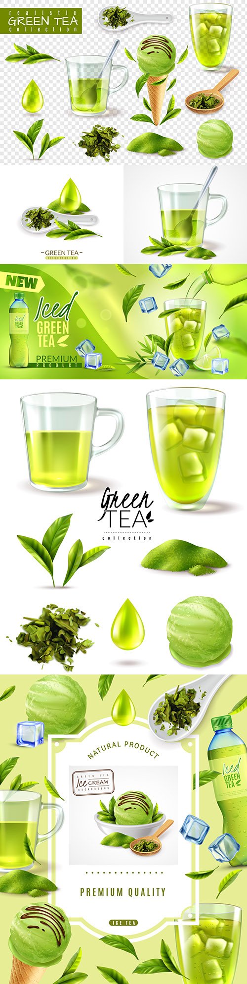 Realistic green iced tea and ice cream set illustration