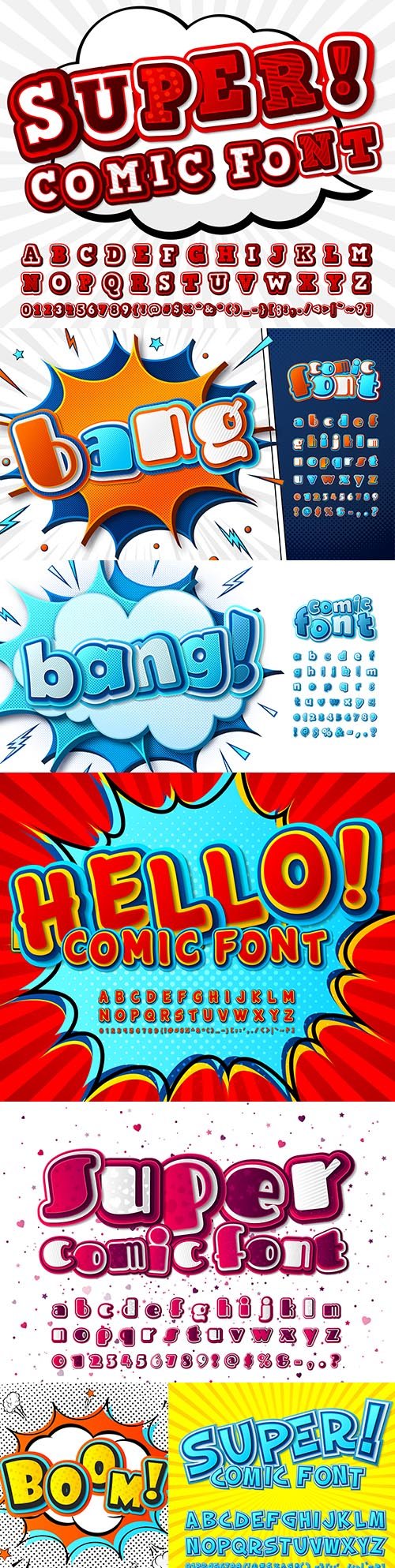 Comic font and funny cartoon alphabet pop art style