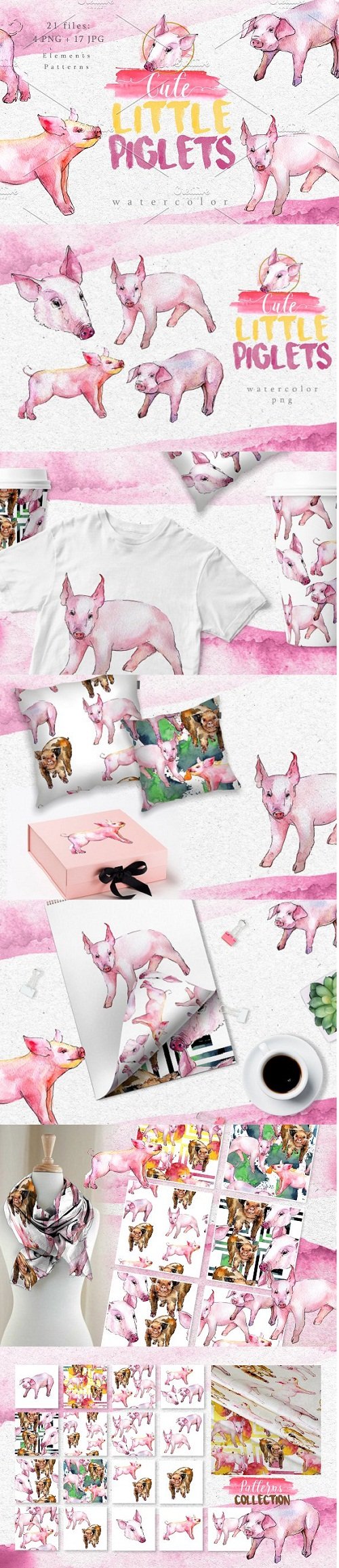 Watercolor pink pig png set - 3087855