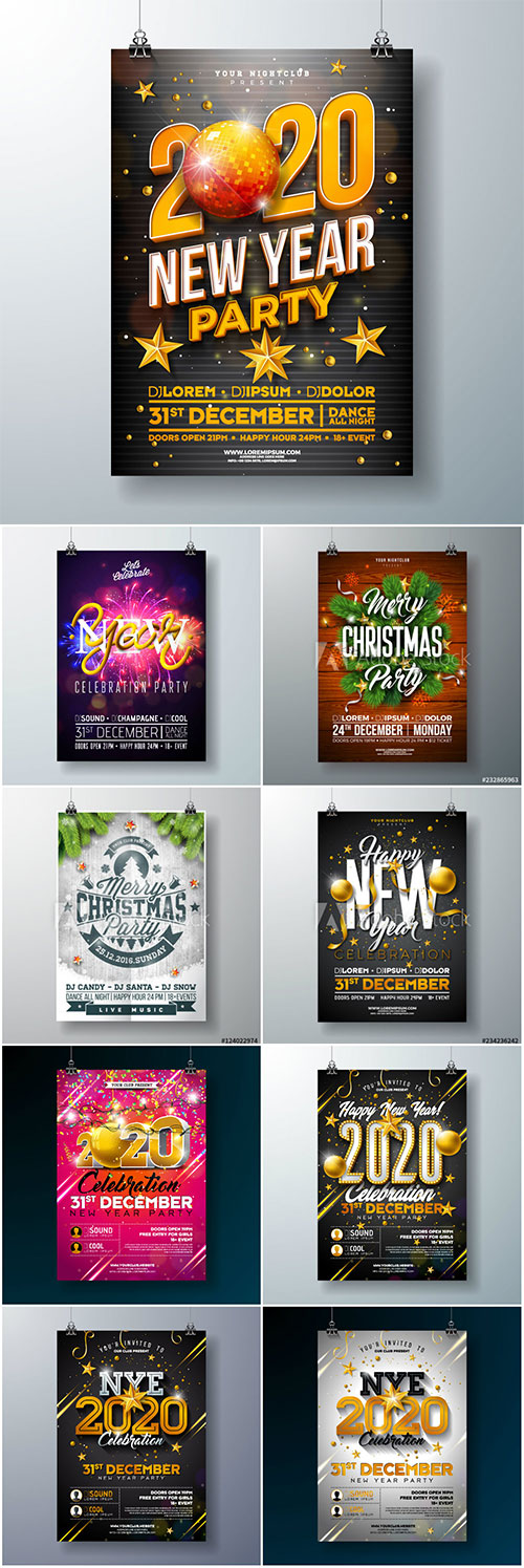 New Year Party Celebration Poster Template Design with 3d 2020