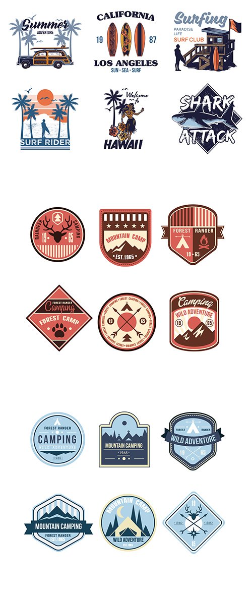 Vintage Print Summer Hawaii and Outdoor Camp Badges Logo