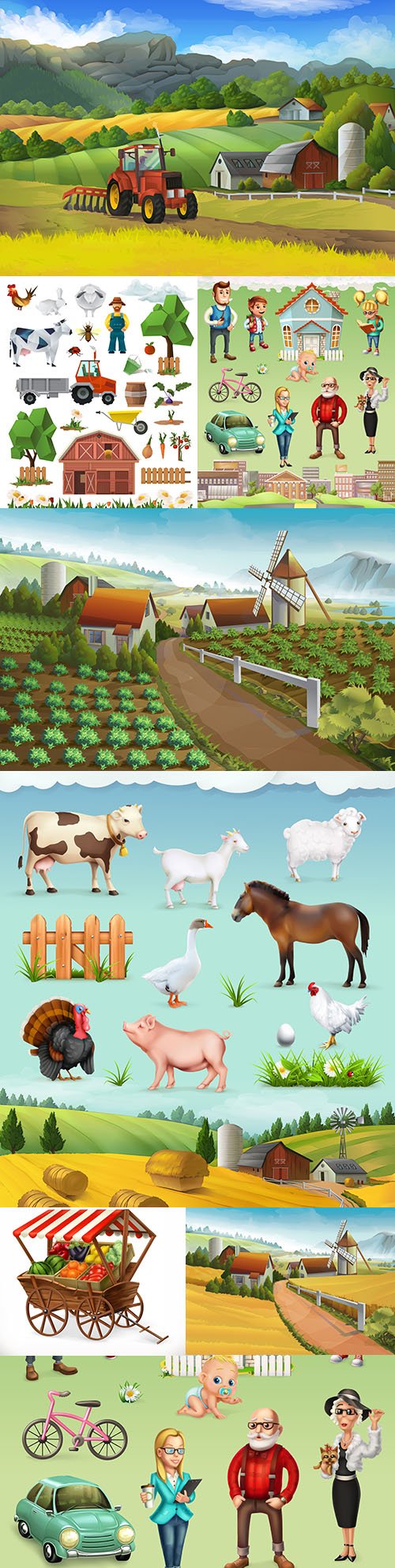 Farm and animal rural landscape vector illustrations
