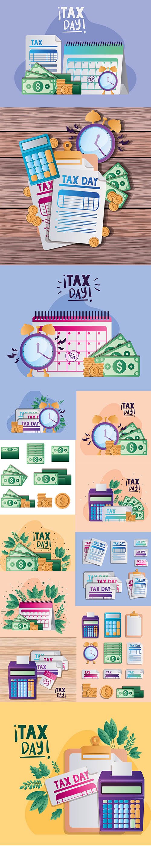 Tax Day Backgrounds with Document, Calendar, Clock, Bills, Coins Vector Design