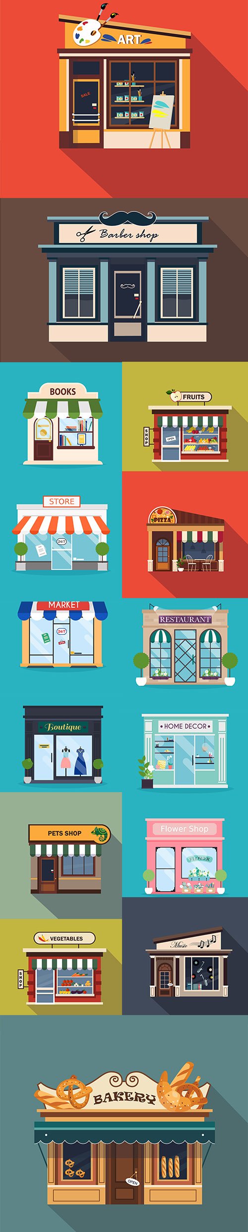 Restaurants and Shops Facade Flat Illustration