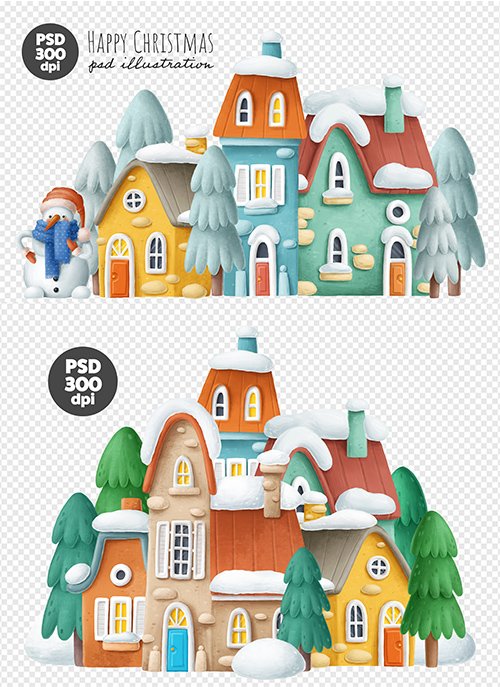 Winter Town with Houses PSD Illustration