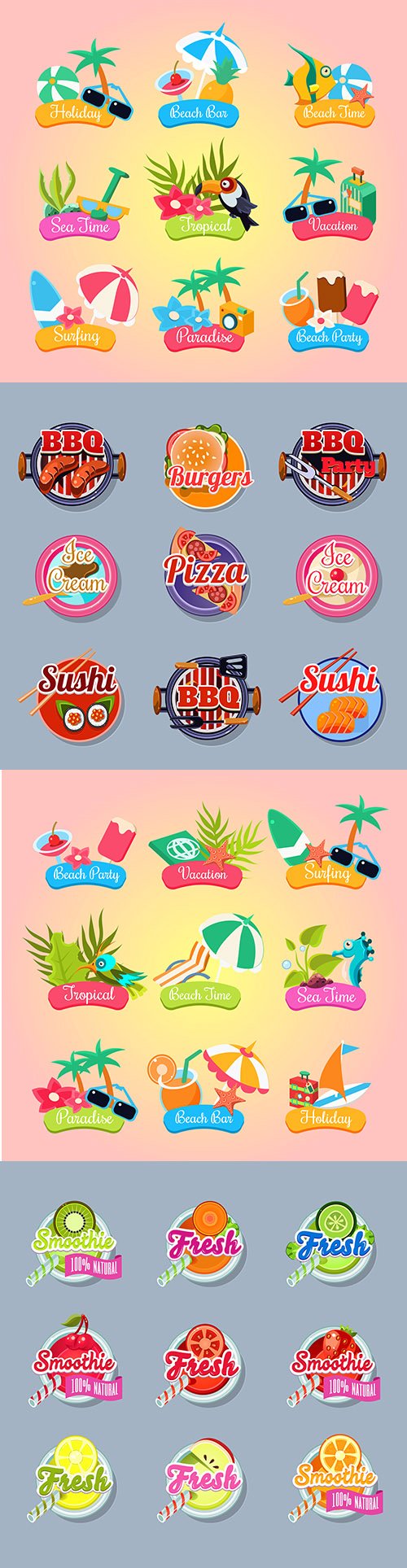 Summer party and fresh food sticker label set