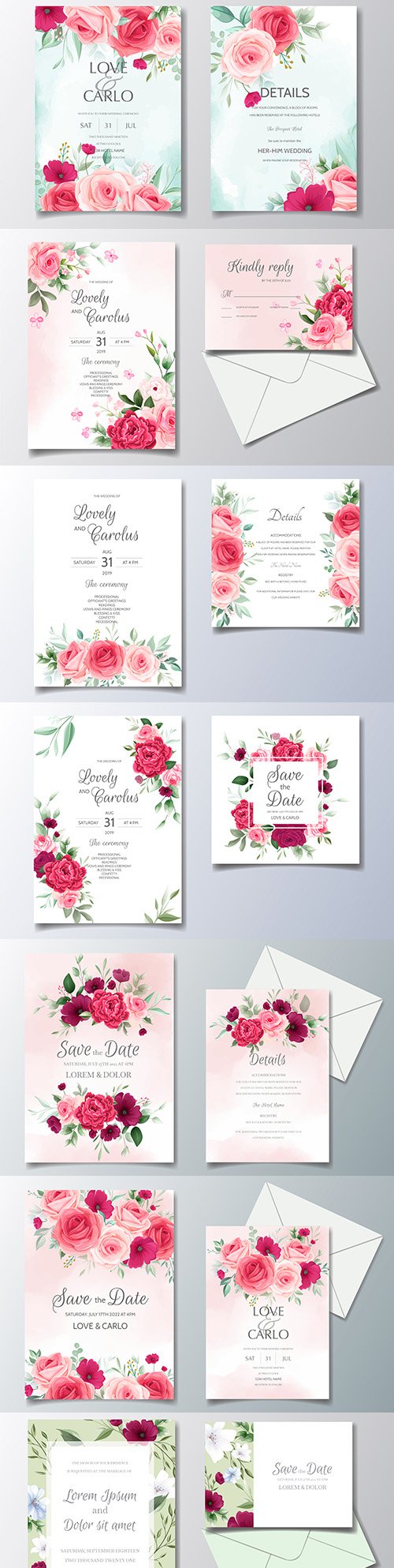 Elegant wedding invitation template with flowers and leaves