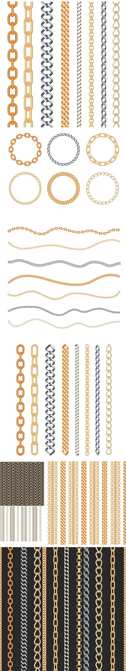 Fashion Golden and Silver Chain with Isolated Jewelry and Seamless Pattern Set