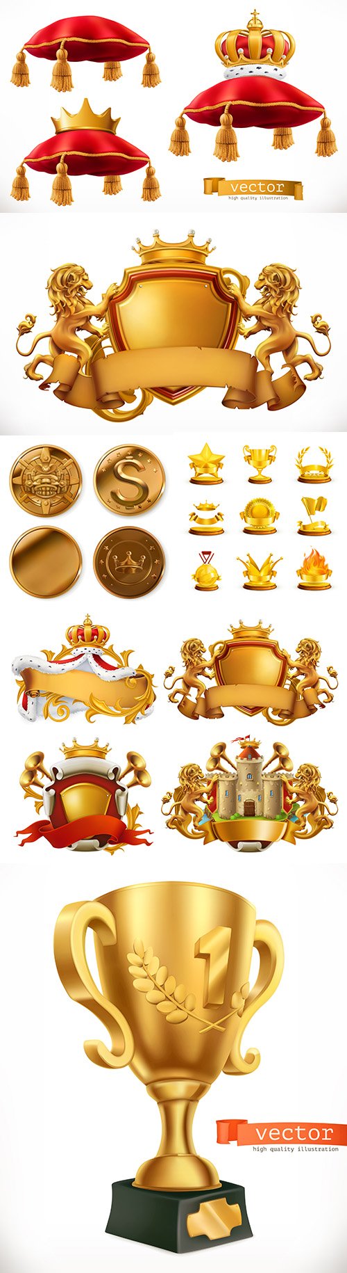 Royal pillow and gold coat of arms 3d emblem