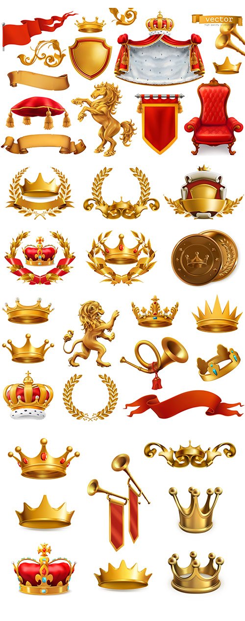 Gold Crown, Laurel Wreath 3D Vector