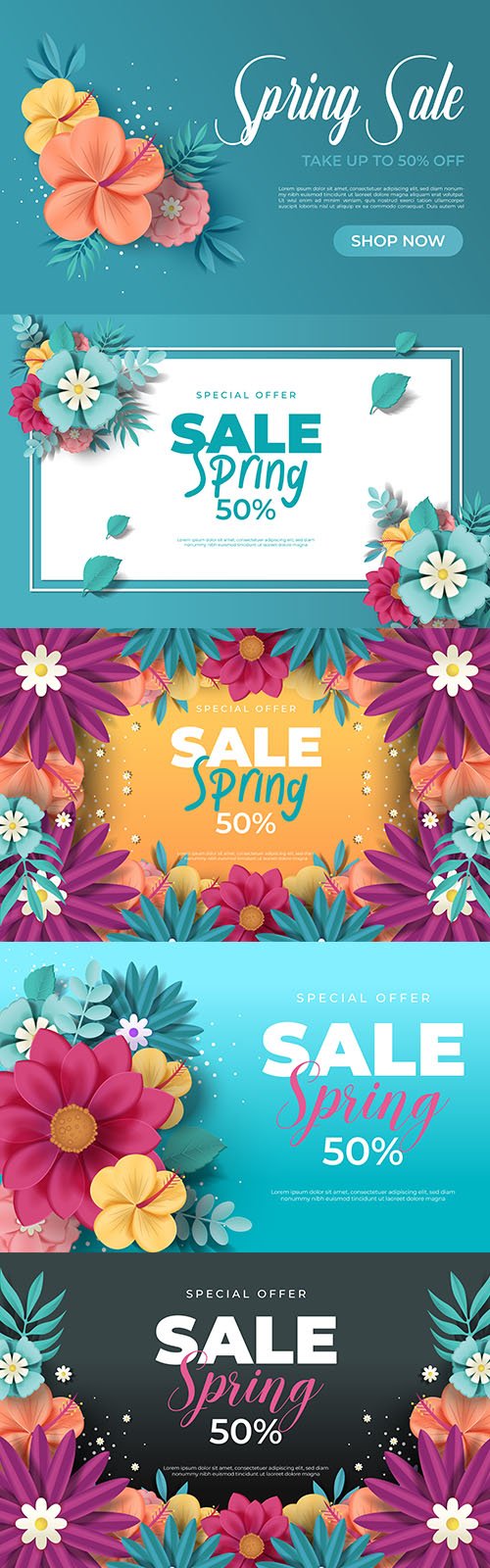 Spring Sale Banner with Beautiful Flowers Set