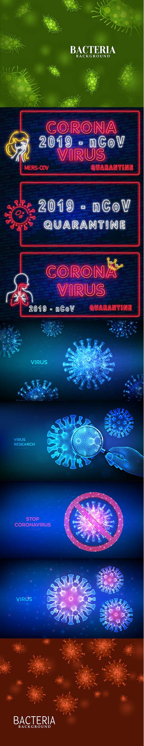 Abstract Concept Microscopic View Virus Cells Illustration Set