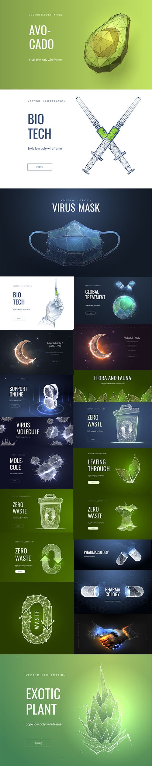 Bio, Flora and Pharmacology Low Poly Illustrations