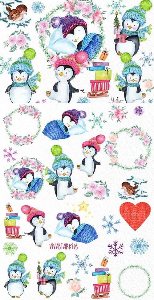Cute Watercolour Penguins clipart - 3193458