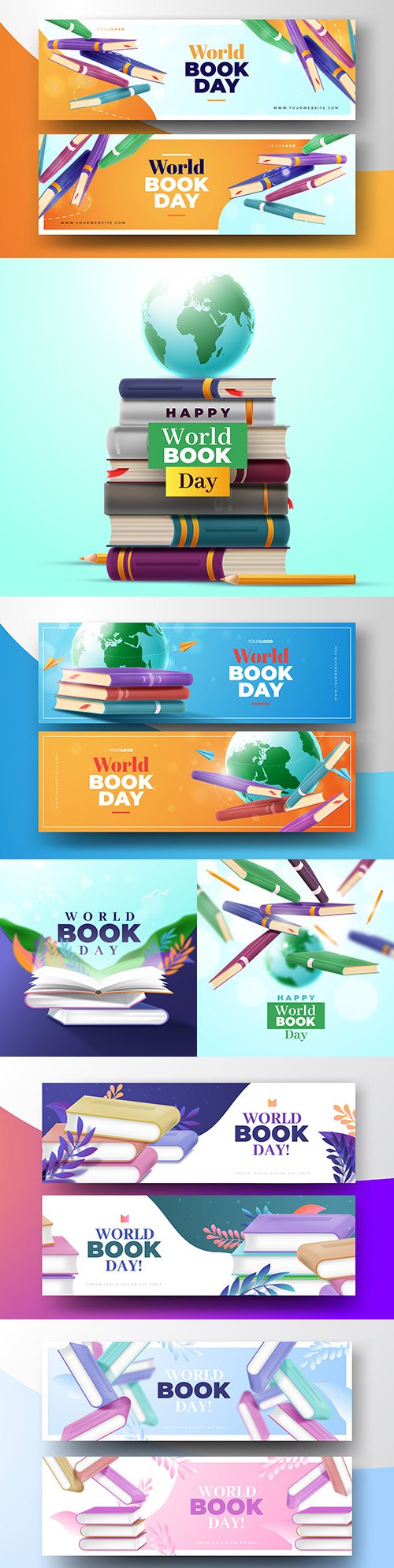 World book day design banner realistic illustrations