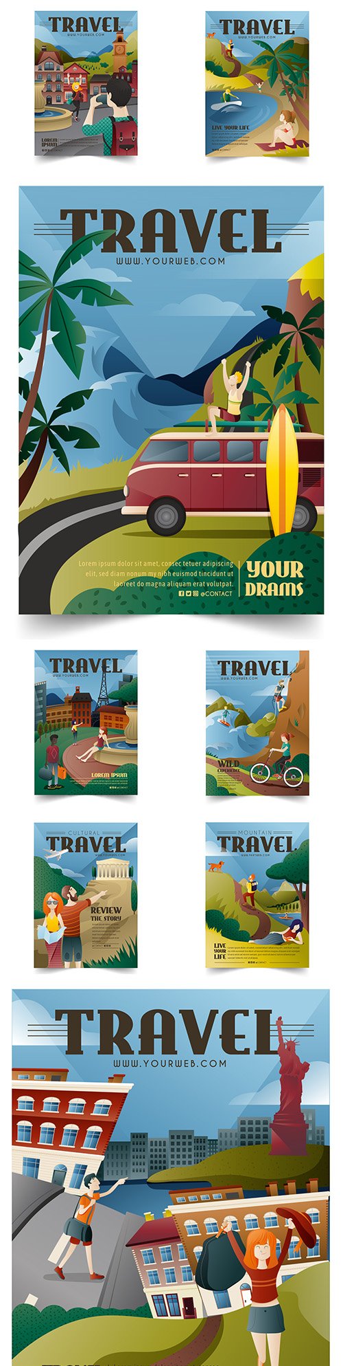 Illustrated poster for lovers travel different attractions