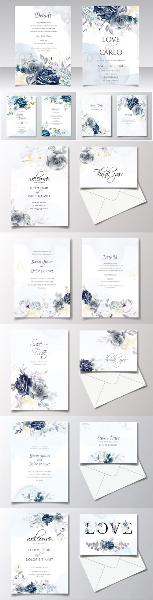 Navy blue floral wedding invitation card template with watercolor frame