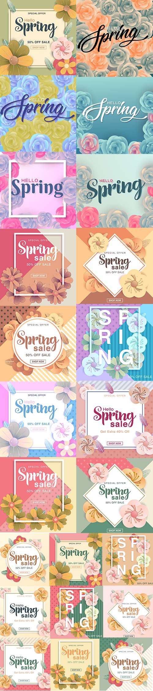 Spring Sale Design with Colorful Flowers Set