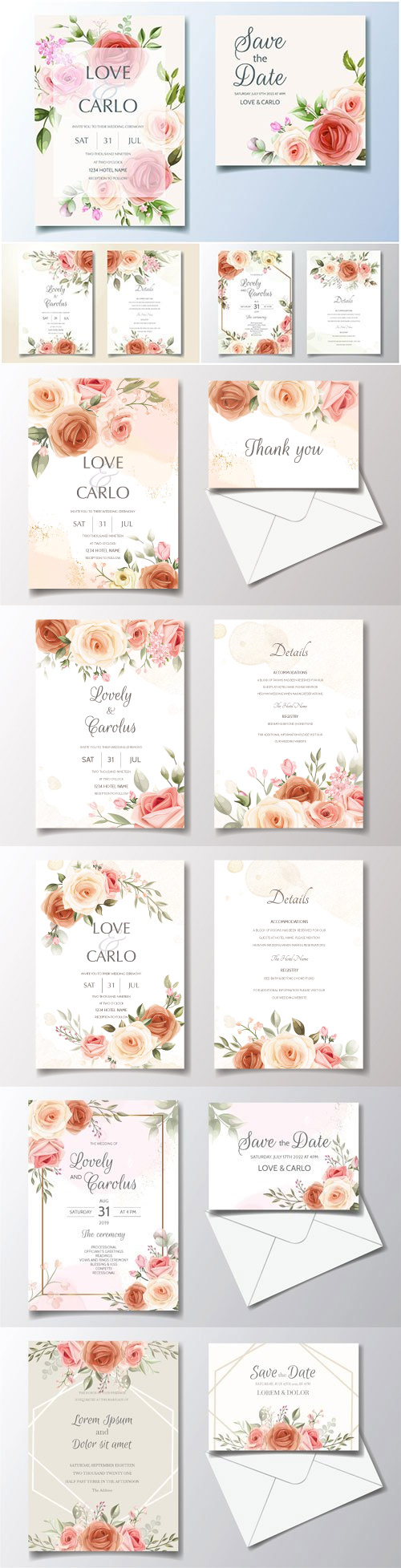 Wedding invitation card set template with beautiful floral frame