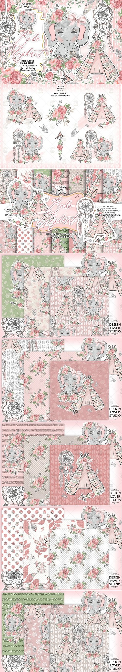Boho Elephant Cute design + digital paper pack