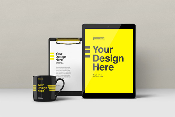 Tablet, Clipboard and Mug Mockup 241591588