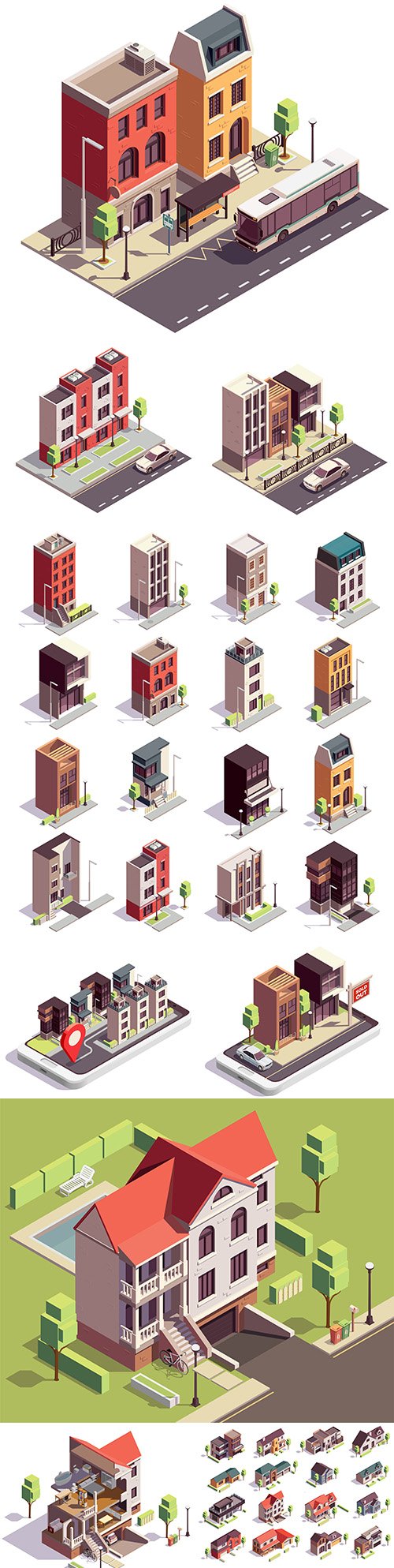 Isometric compositions townhouses overlooking City Street